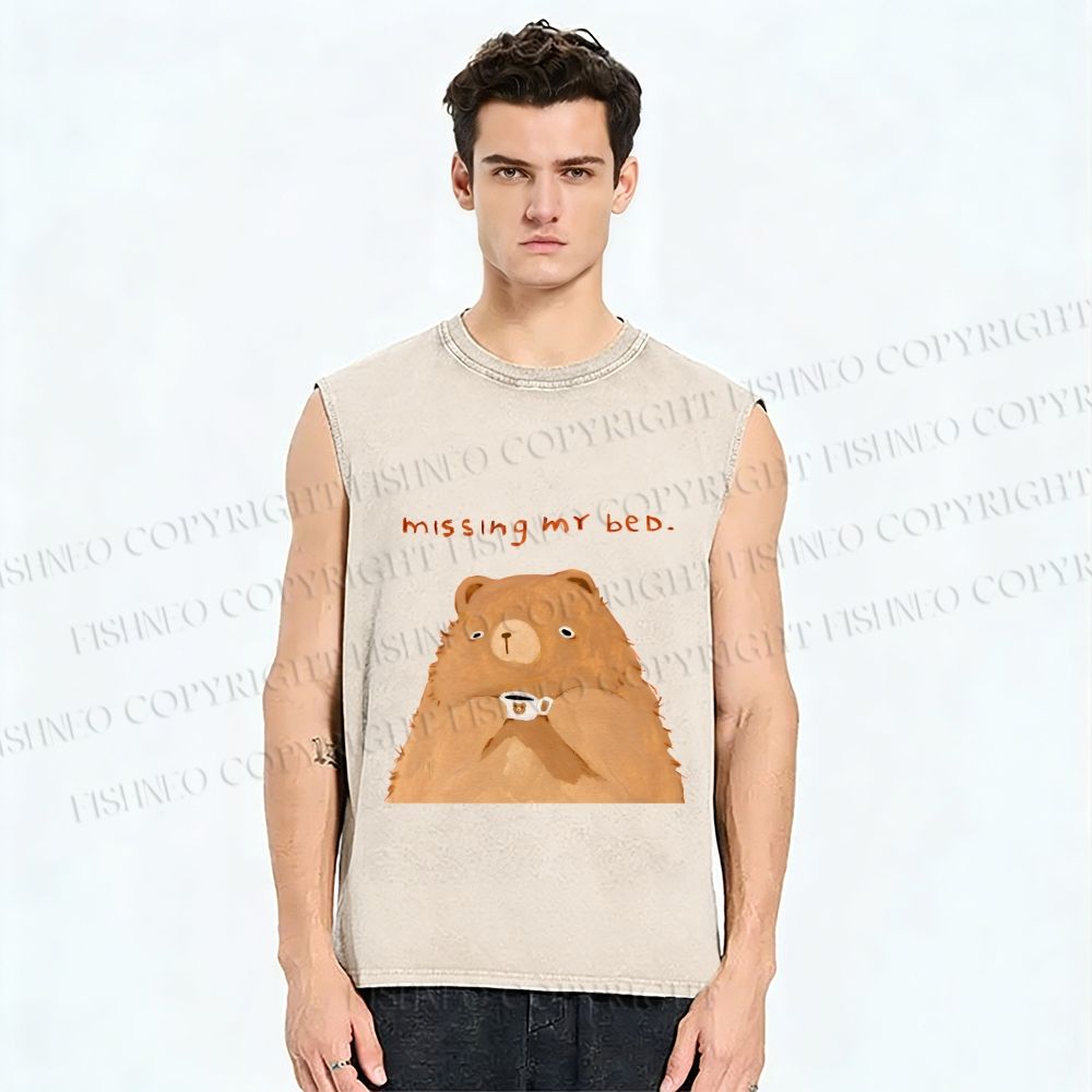 Unisex Sad Bear Missing Bed Printed Washed Tank Top