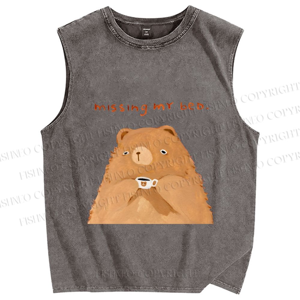 Unisex Sad Bear Missing Bed Printed Washed Tank Top