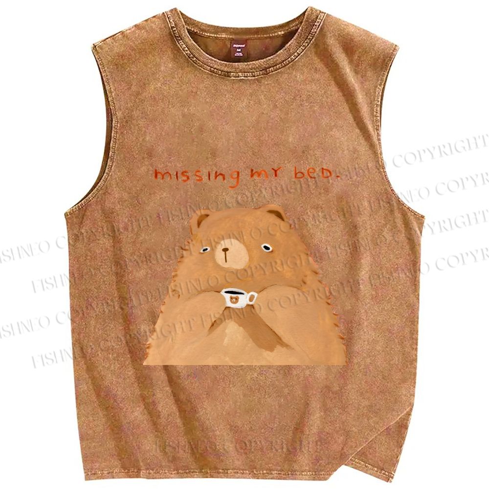 Unisex Sad Bear Missing Bed Printed Washed Tank Top