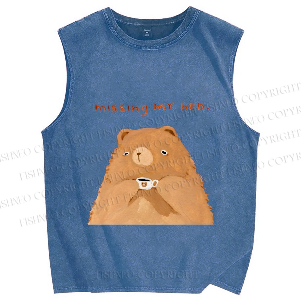Unisex Sad Bear Missing Bed Printed Washed Tank Top