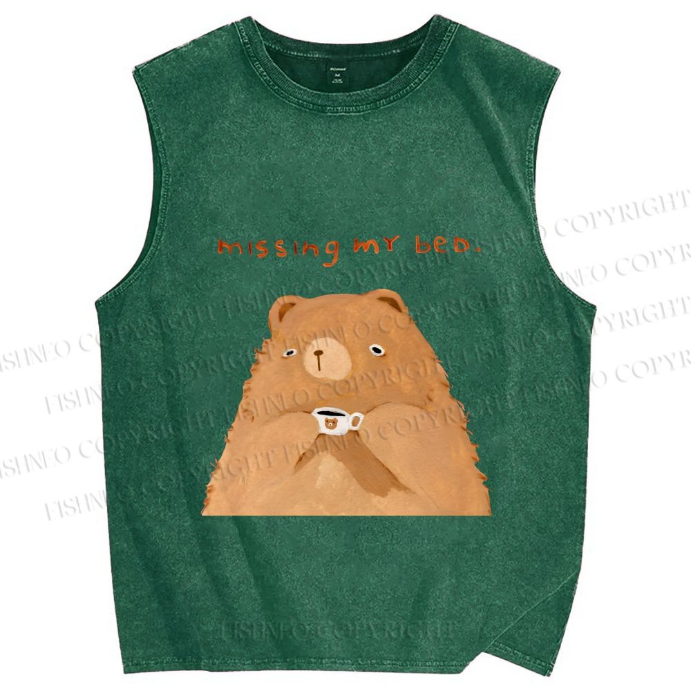 Unisex Sad Bear Missing Bed Printed Washed Tank Top