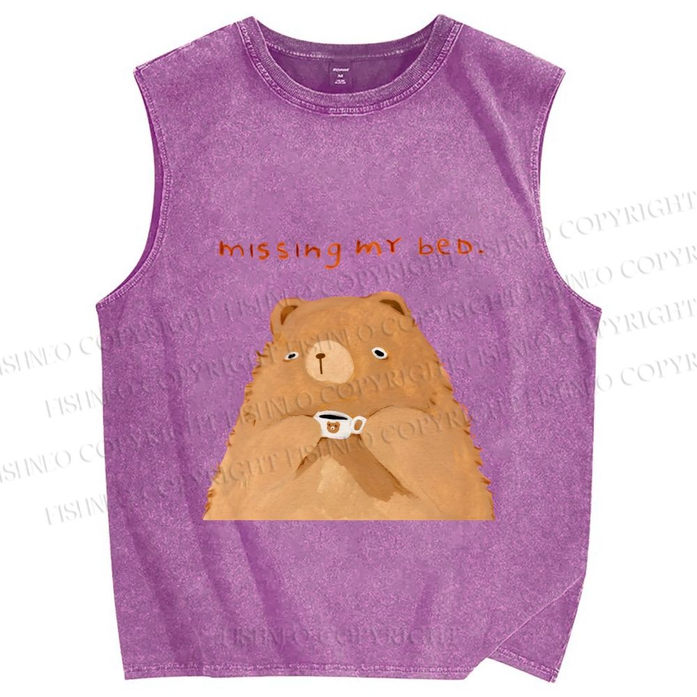 Unisex Sad Bear Missing Bed Printed Washed Tank Top