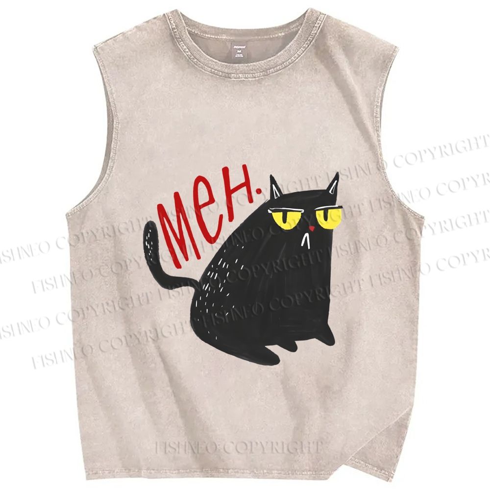 Unisex Black Cat Meh Printed Washed Tank Top