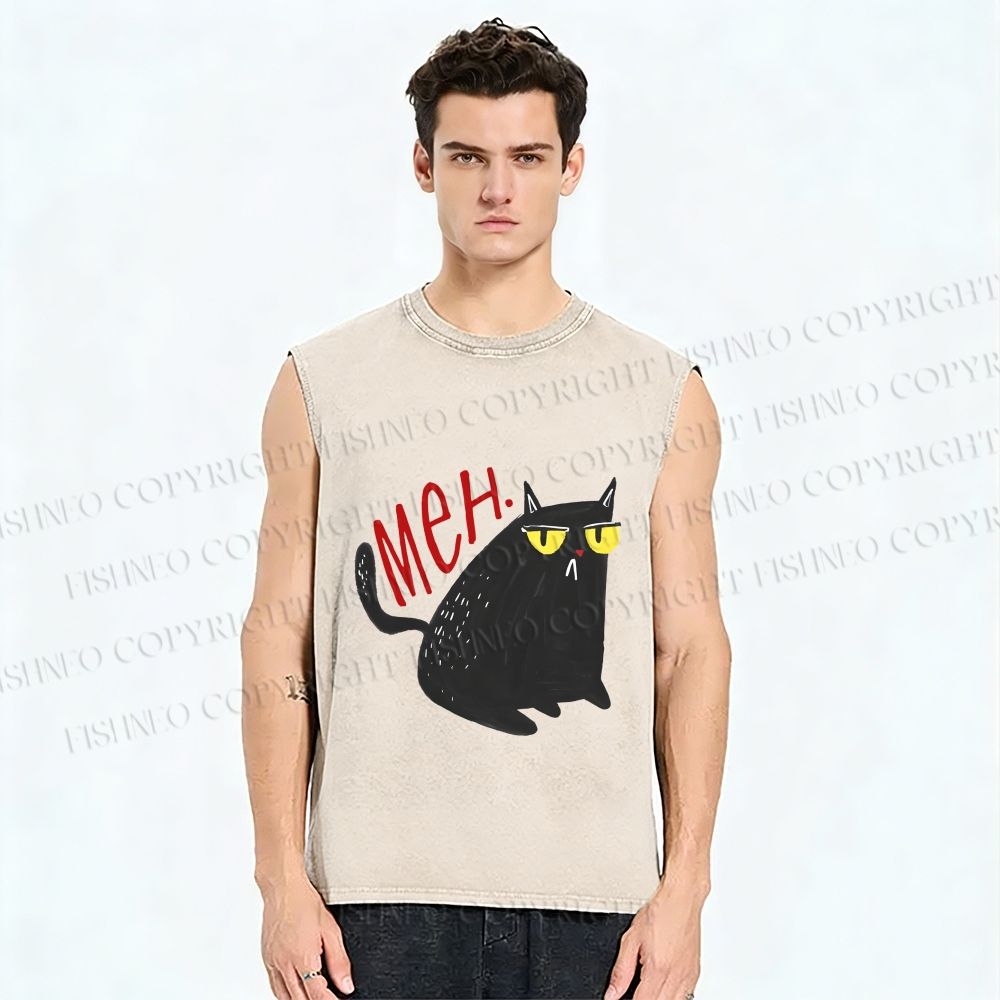 Unisex Black Cat Meh Printed Washed Tank Top