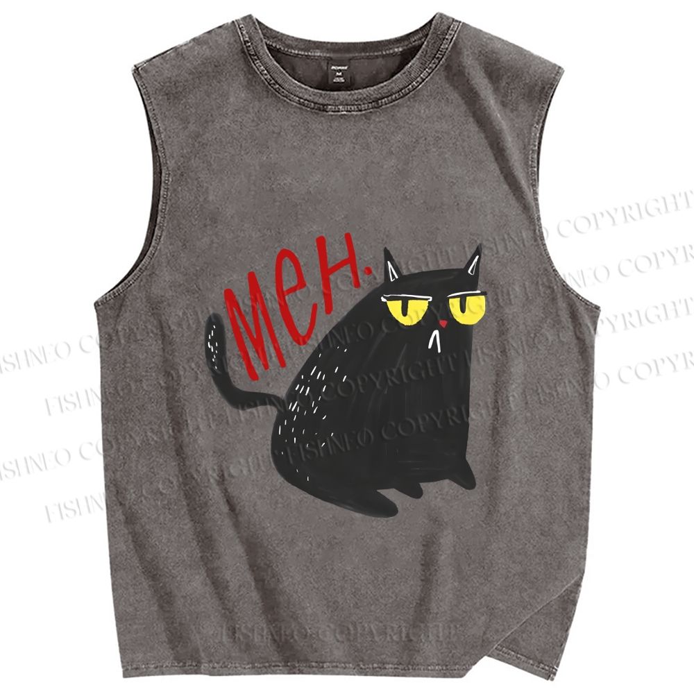 Unisex Black Cat Meh Printed Washed Tank Top