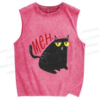 Unisex Black Cat Meh Printed Washed Tank Top