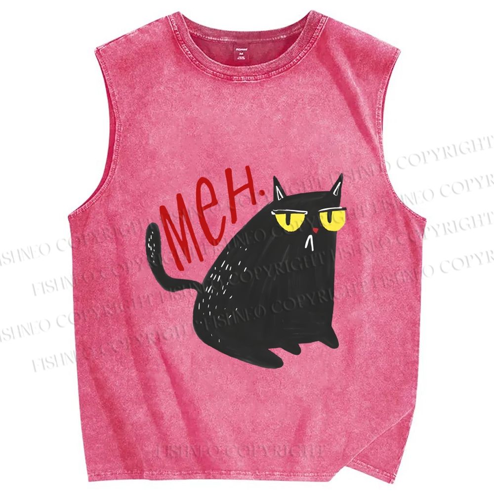 Unisex Black Cat Meh Printed Washed Tank Top