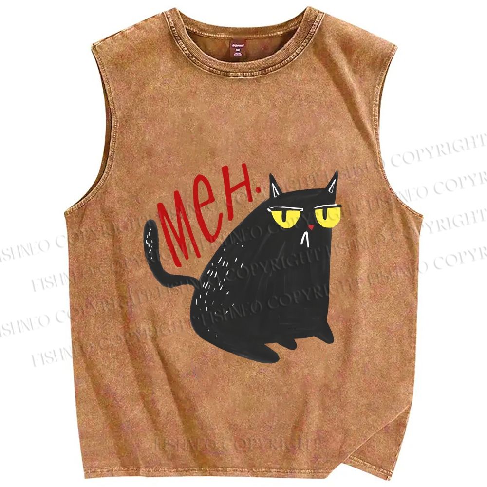 Unisex Black Cat Meh Printed Washed Tank Top