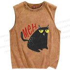 Unisex Black Cat Meh Printed Washed Tank Top