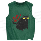 Unisex Black Cat Meh Printed Washed Tank Top