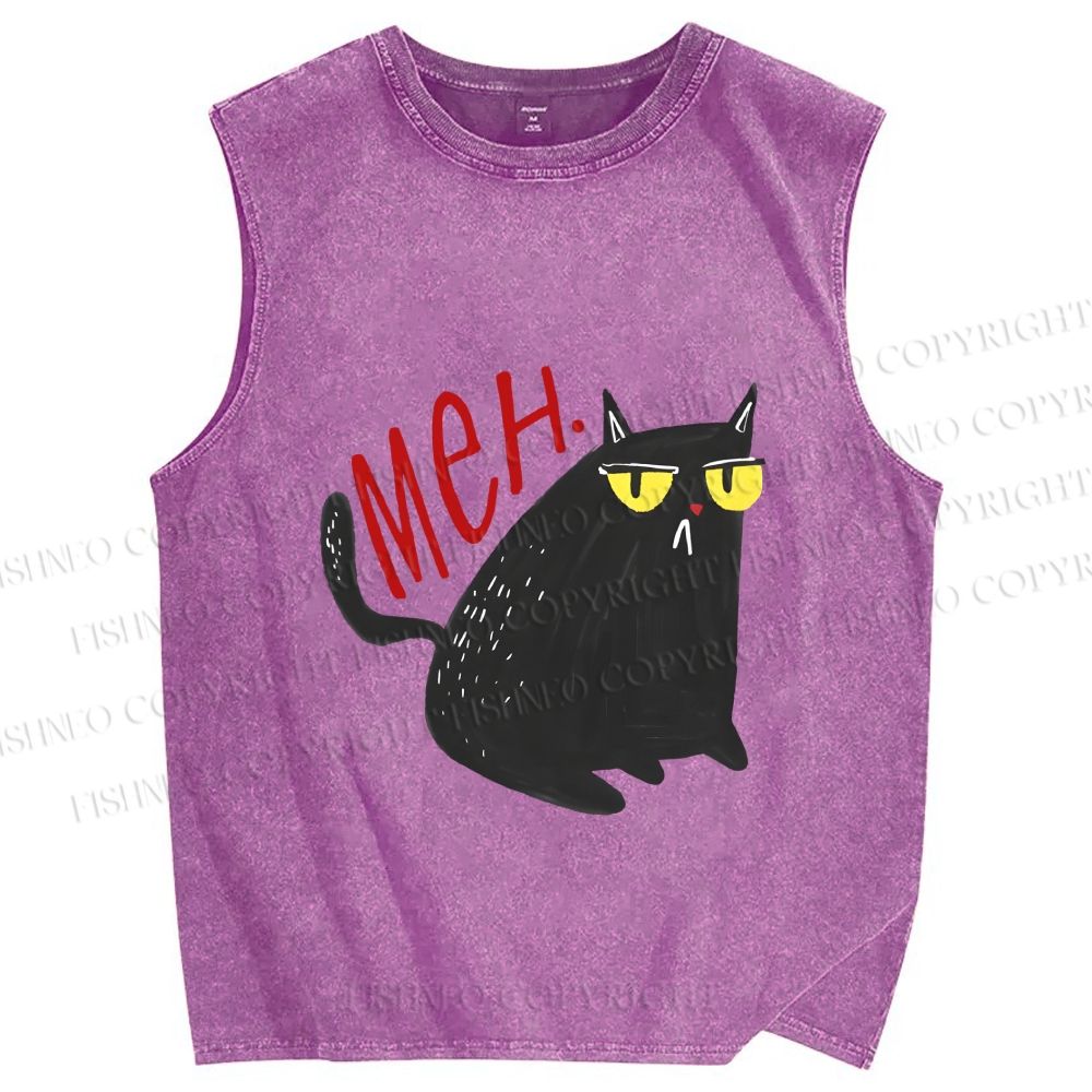 Unisex Black Cat Meh Printed Washed Tank Top