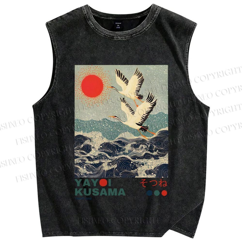 Unisex Yayoi Kusama Crane Over Ocean Printed Washed Tank Top