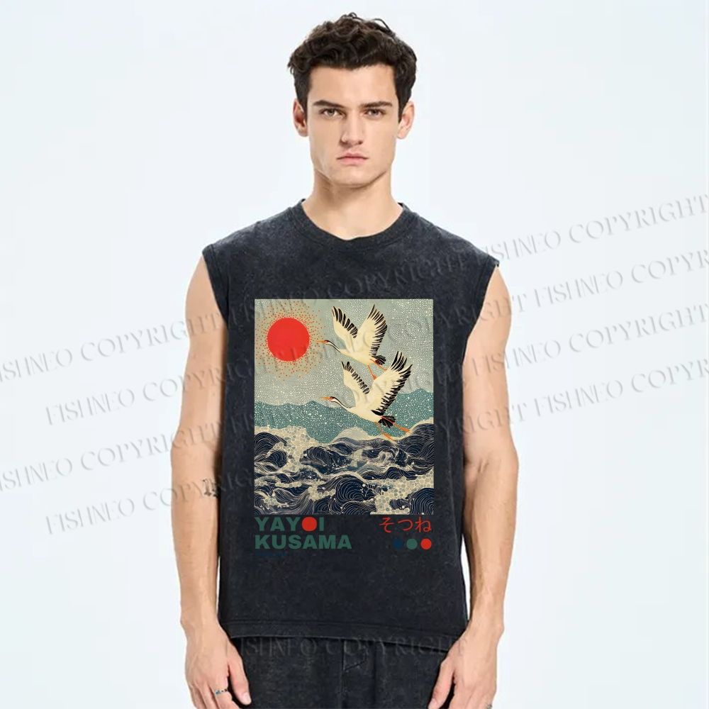 Unisex Yayoi Kusama Crane Over Ocean Printed Washed Tank Top