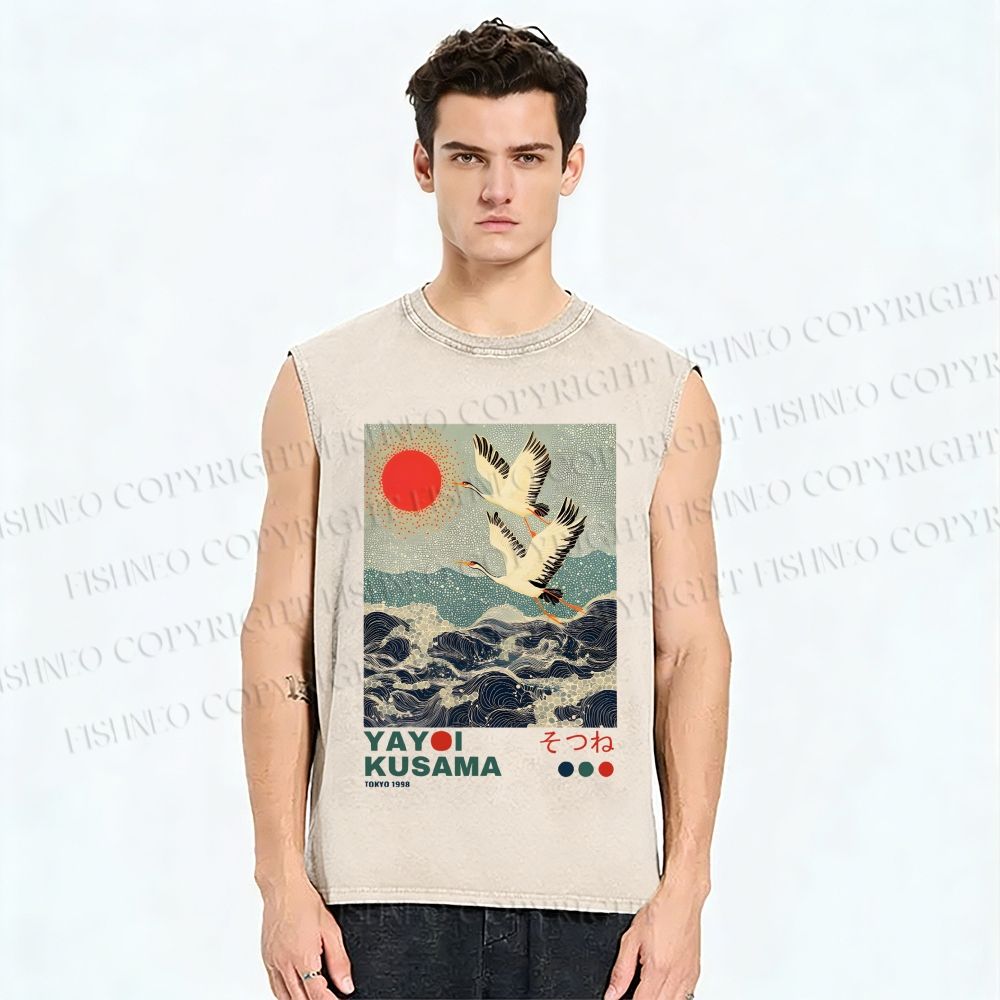 Unisex Yayoi Kusama Crane Over Ocean Printed Washed Tank Top
