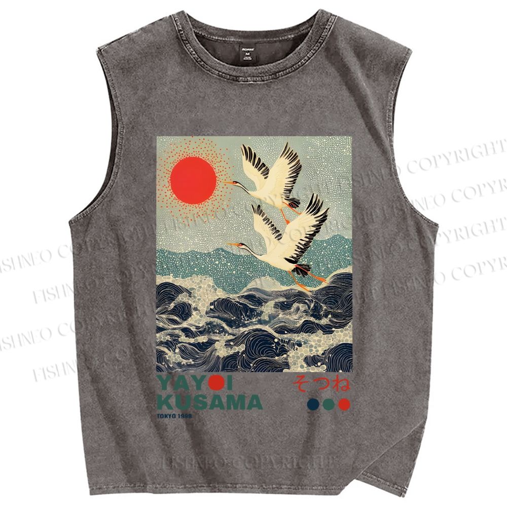 Unisex Yayoi Kusama Crane Over Ocean Printed Washed Tank Top