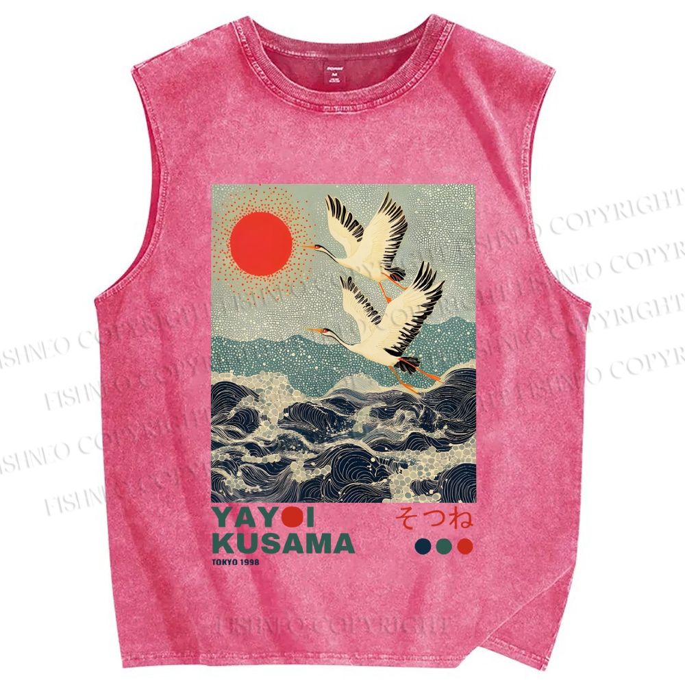 Unisex Yayoi Kusama Crane Over Ocean Printed Washed Tank Top