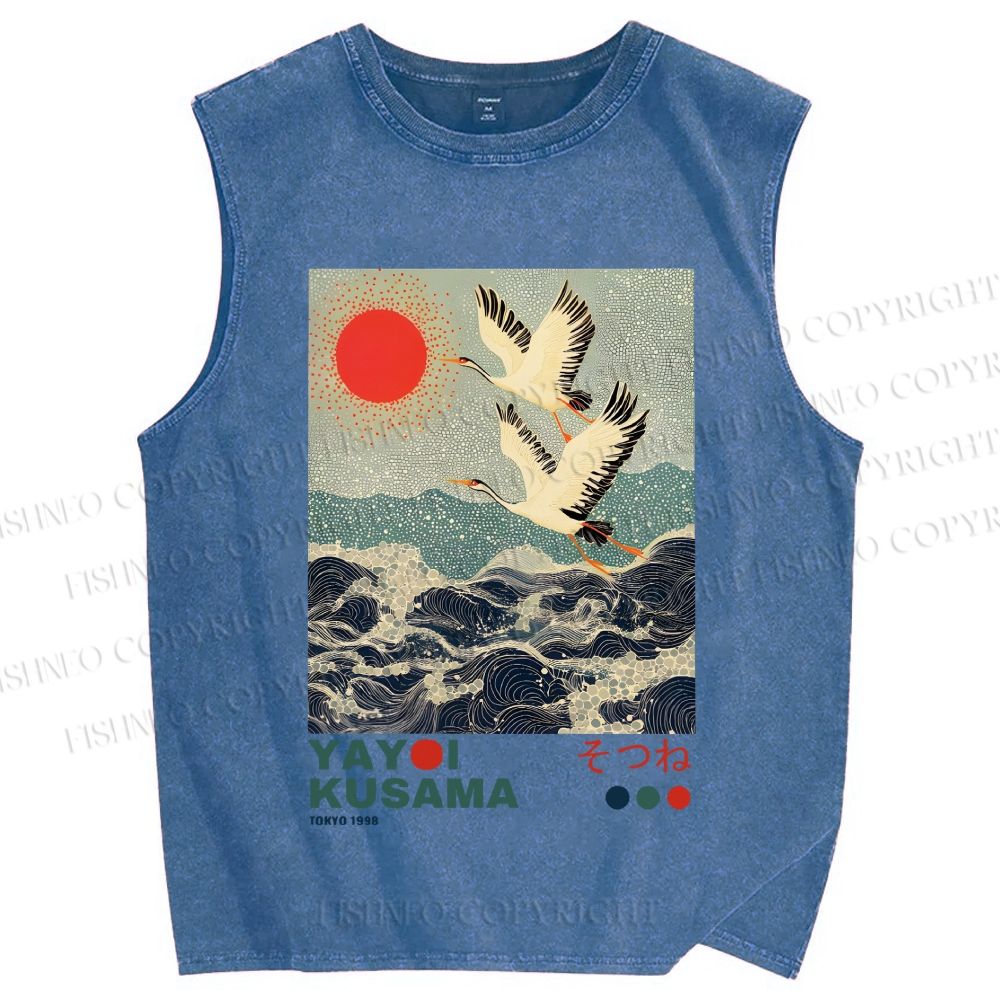 Unisex Yayoi Kusama Crane Over Ocean Printed Washed Tank Top
