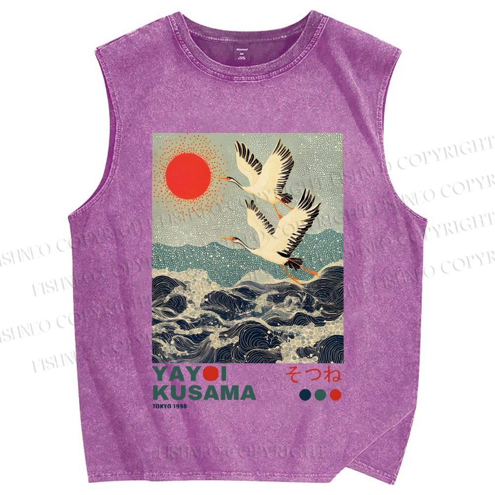 Unisex Yayoi Kusama Crane Over Ocean Printed Washed Tank Top
