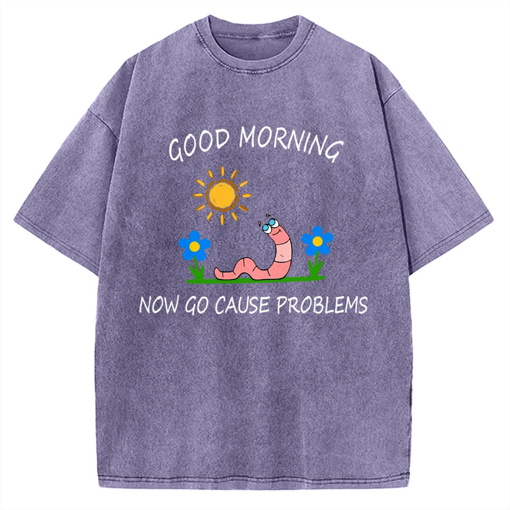 Unisex Good Morning, Now Go Cause Problems Printed Washed Tee