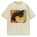 Unisex Tokyo Ramen Cat Printed Washed Tee
