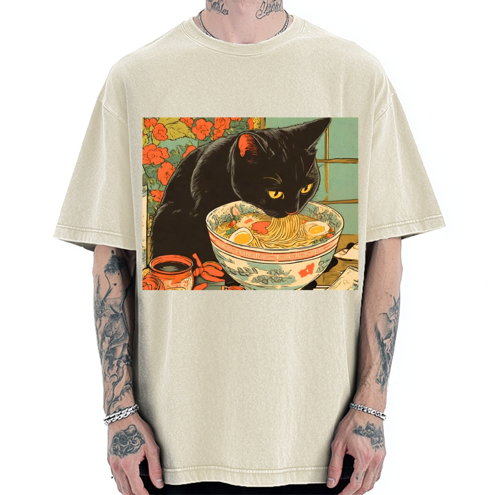 Unisex Tokyo Ramen Cat Printed Washed Tee