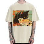 Unisex Tokyo Ramen Cat Printed Washed Tee