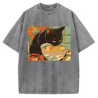 Unisex Tokyo Ramen Cat Printed Washed Tee