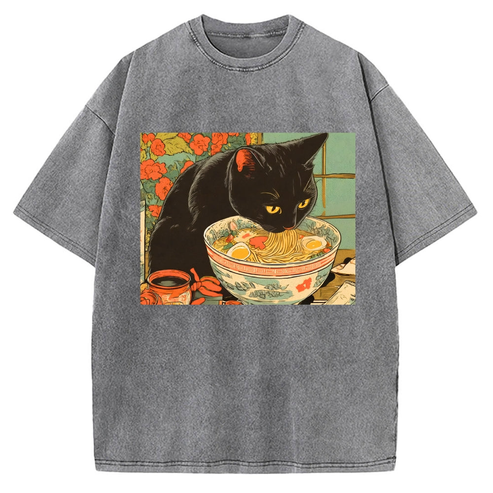 Unisex Tokyo Ramen Cat Printed Washed Tee