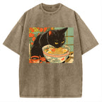 Unisex Tokyo Ramen Cat Printed Washed Tee