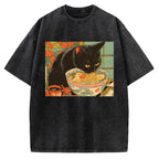 Unisex Tokyo Ramen Cat Printed Washed Tee