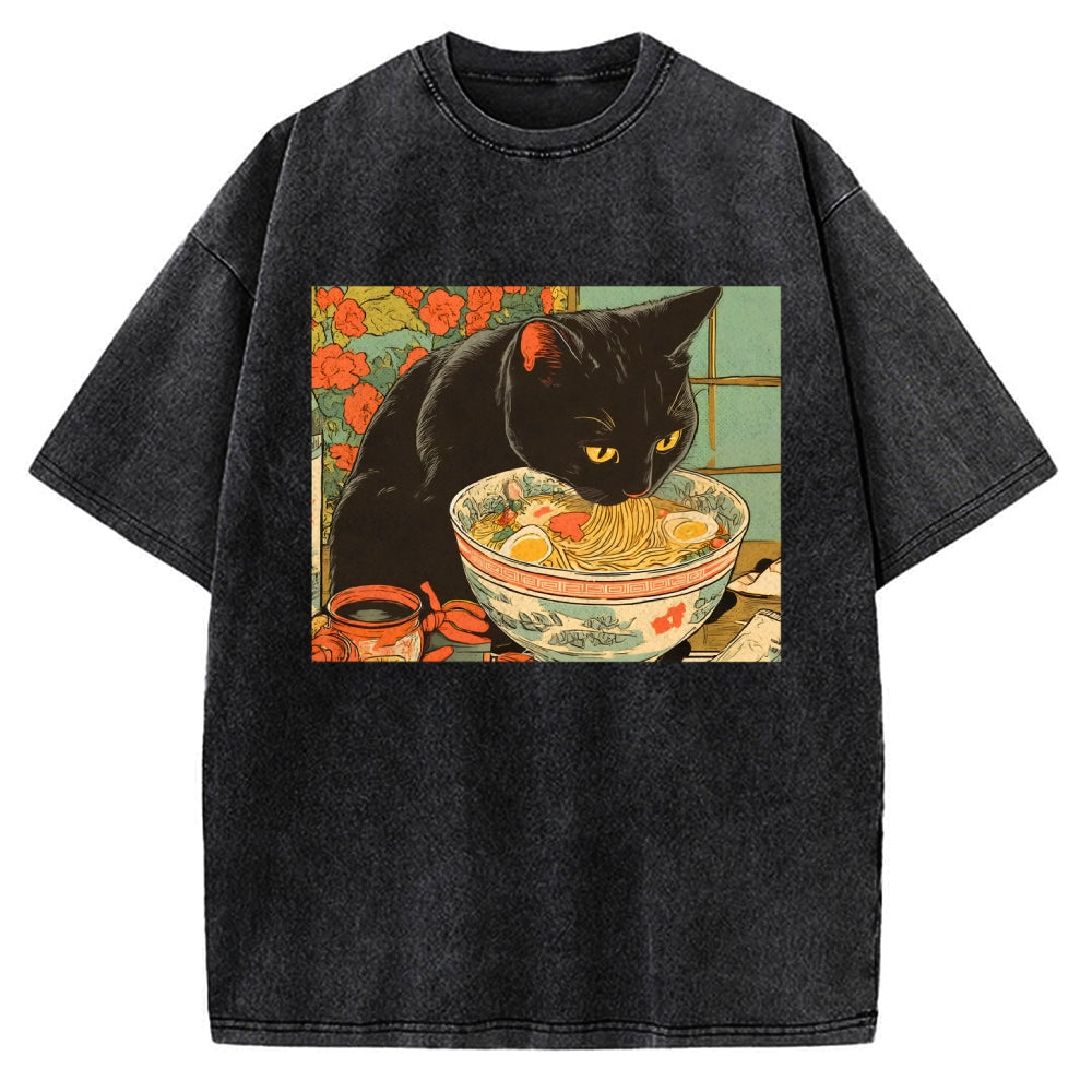 Unisex Tokyo Ramen Cat Printed Washed Tee