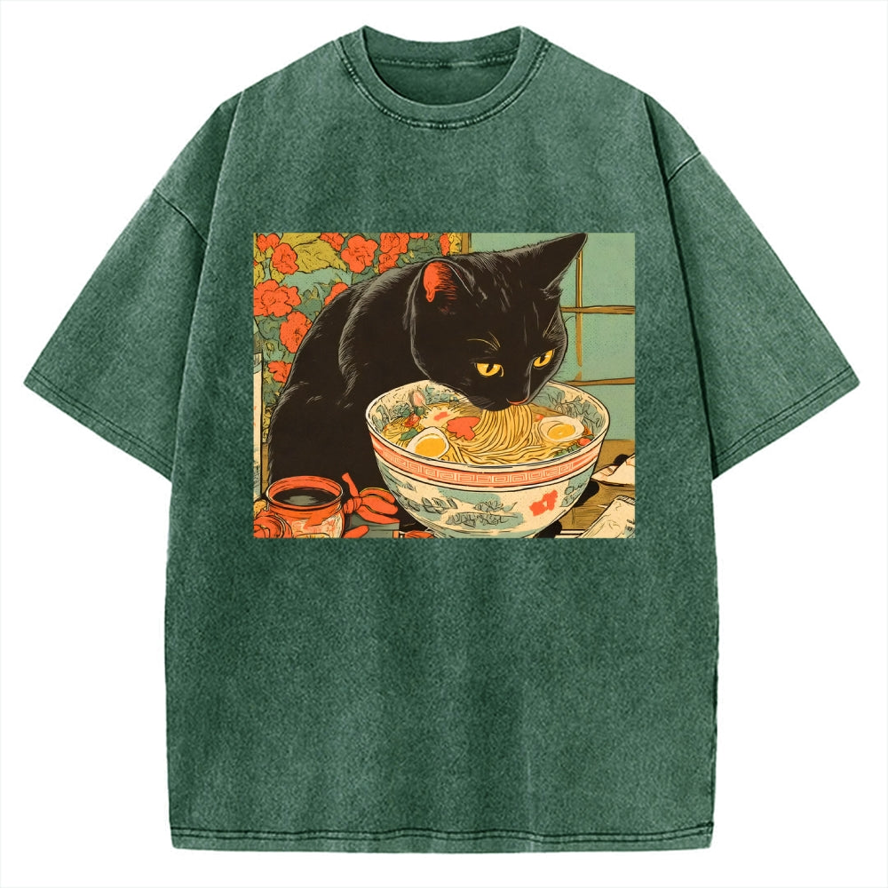 Unisex Tokyo Ramen Cat Printed Washed Tee