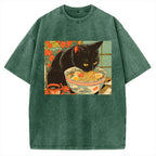 Unisex Tokyo Ramen Cat Printed Washed Tee