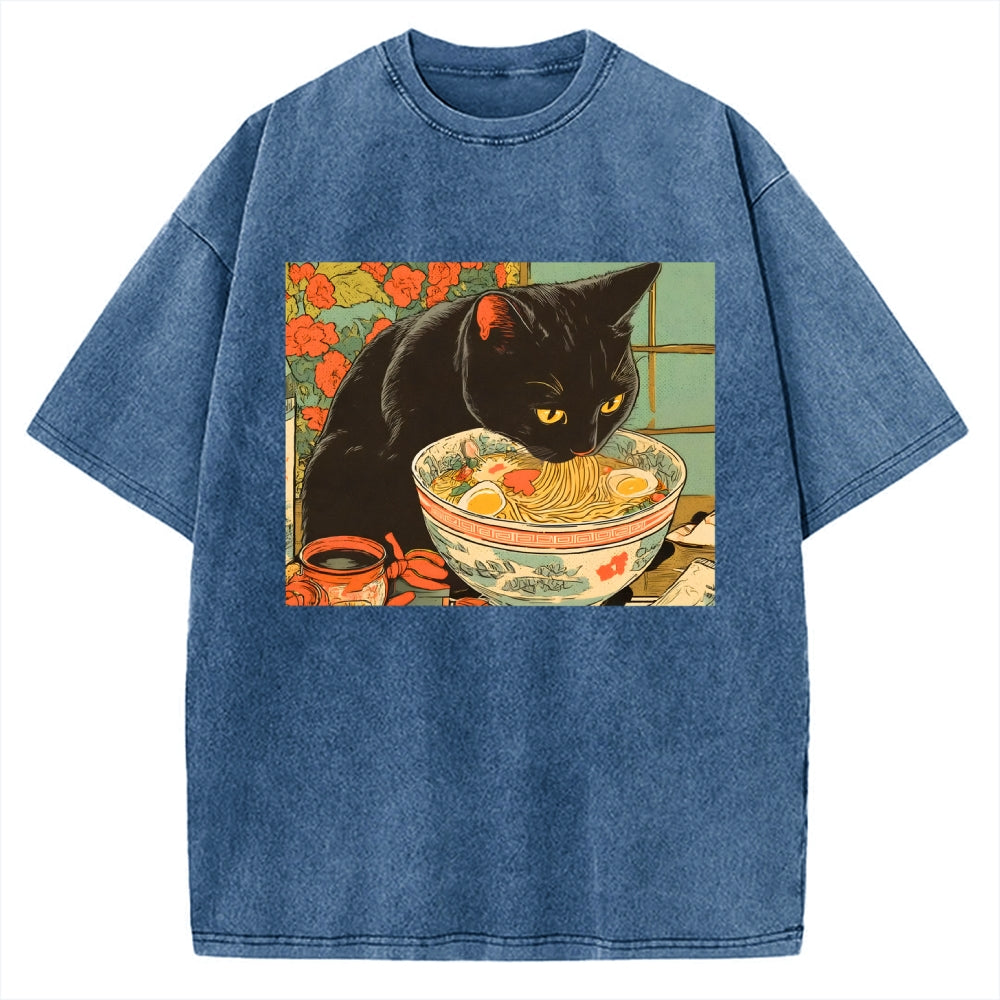 Unisex Tokyo Ramen Cat Printed Washed Tee