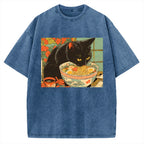 Unisex Tokyo Ramen Cat Printed Washed Tee