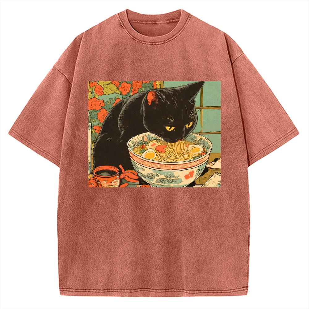 Unisex Tokyo Ramen Cat Printed Washed Tee