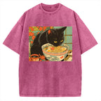 Unisex Tokyo Ramen Cat Printed Washed Tee
