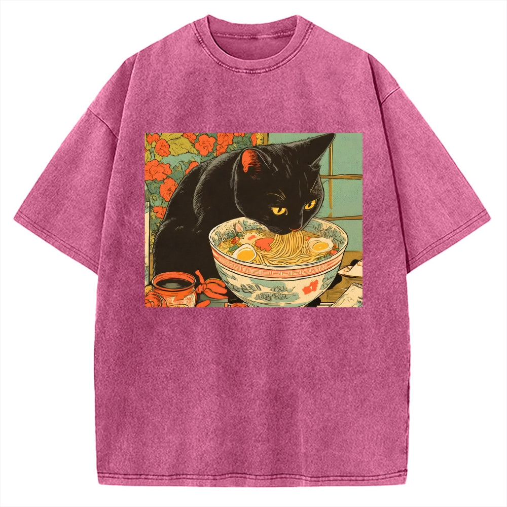 Unisex Tokyo Ramen Cat Printed Washed Tee