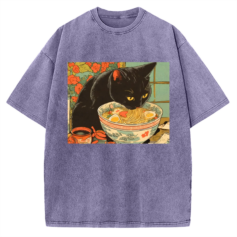 Unisex Tokyo Ramen Cat Printed Washed Tee