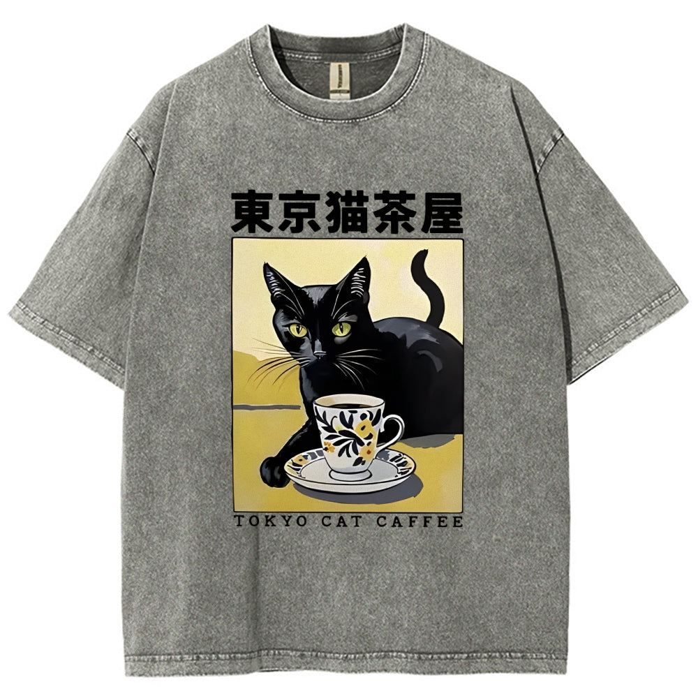Fishneo Japanese Cat Cafe Washed T-Shirt
