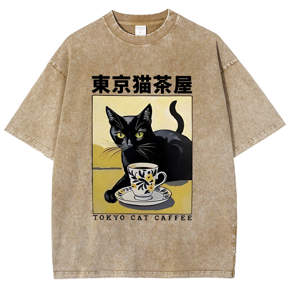 Fishneo Japanese Cat Cafe Washed T-Shirt