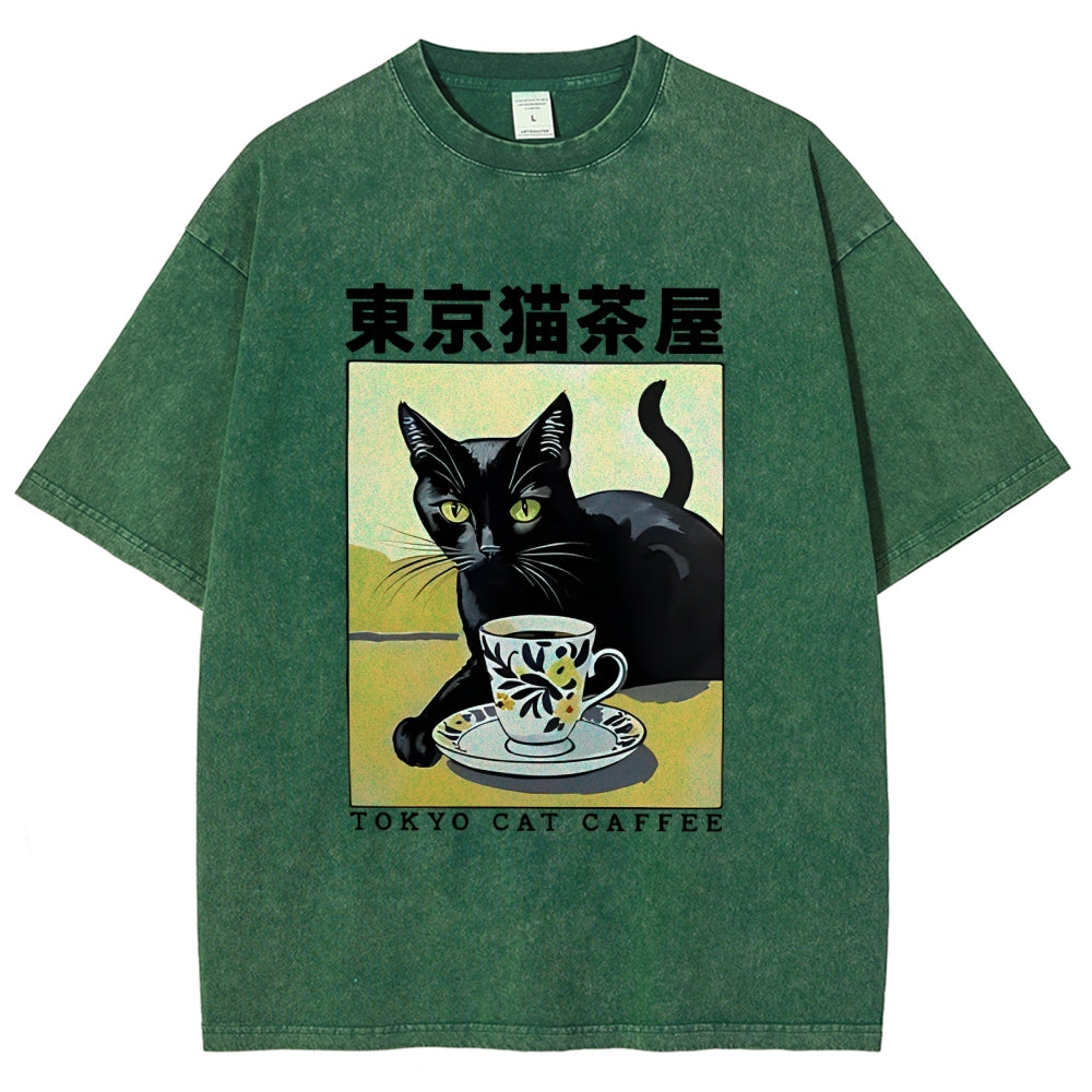 Fishneo Japanese Cat Cafe Washed T-Shirt