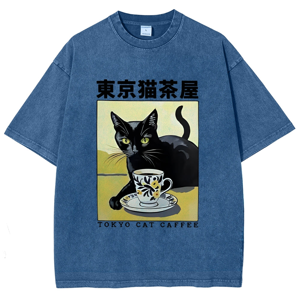 Fishneo Japanese Cat Cafe Washed T-Shirt