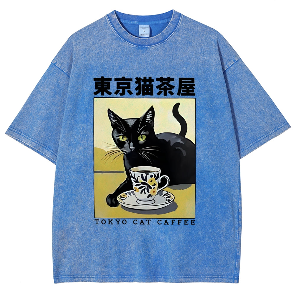 Fishneo Japanese Cat Cafe Washed T-Shirt