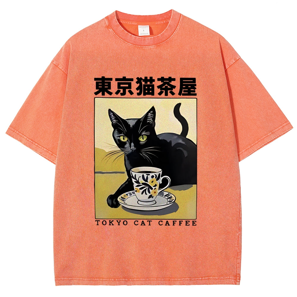 Fishneo Japanese Cat Cafe Washed T-Shirt
