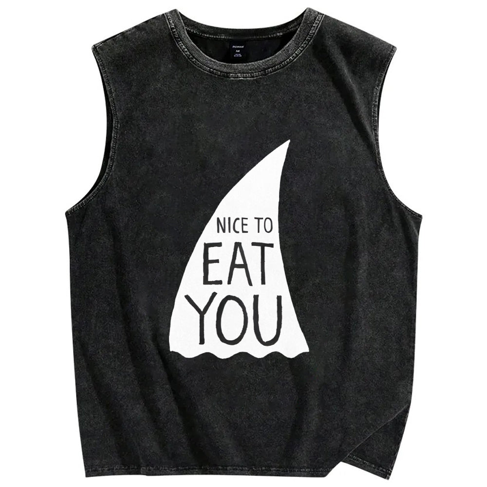 Nice To Eat You Shark Vintage Distressed Washed Tank Top