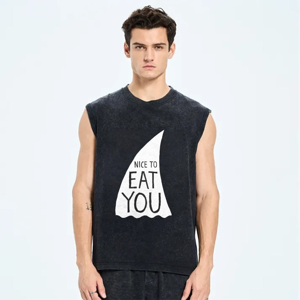 Nice To Eat You Shark Vintage Distressed Washed Tank Top