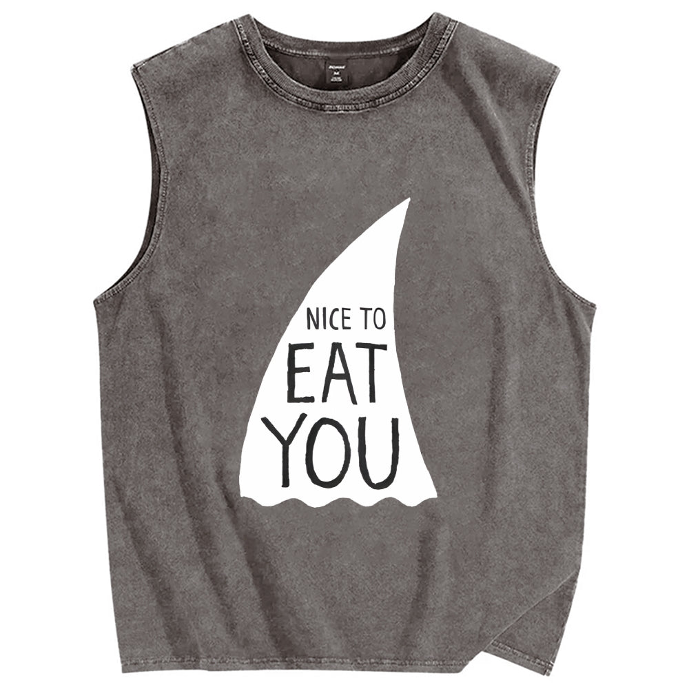 Nice To Eat You Shark Vintage Distressed Washed Tank Top