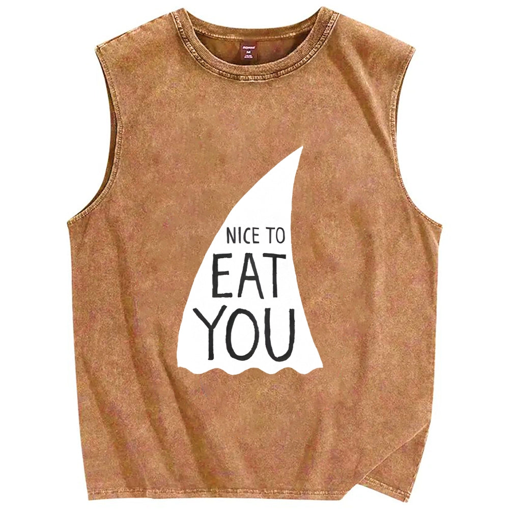 Nice To Eat You Shark Vintage Distressed Washed Tank Top