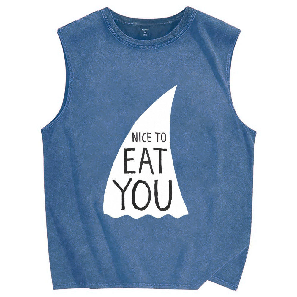 Nice To Eat You Shark Vintage Distressed Washed Tank Top